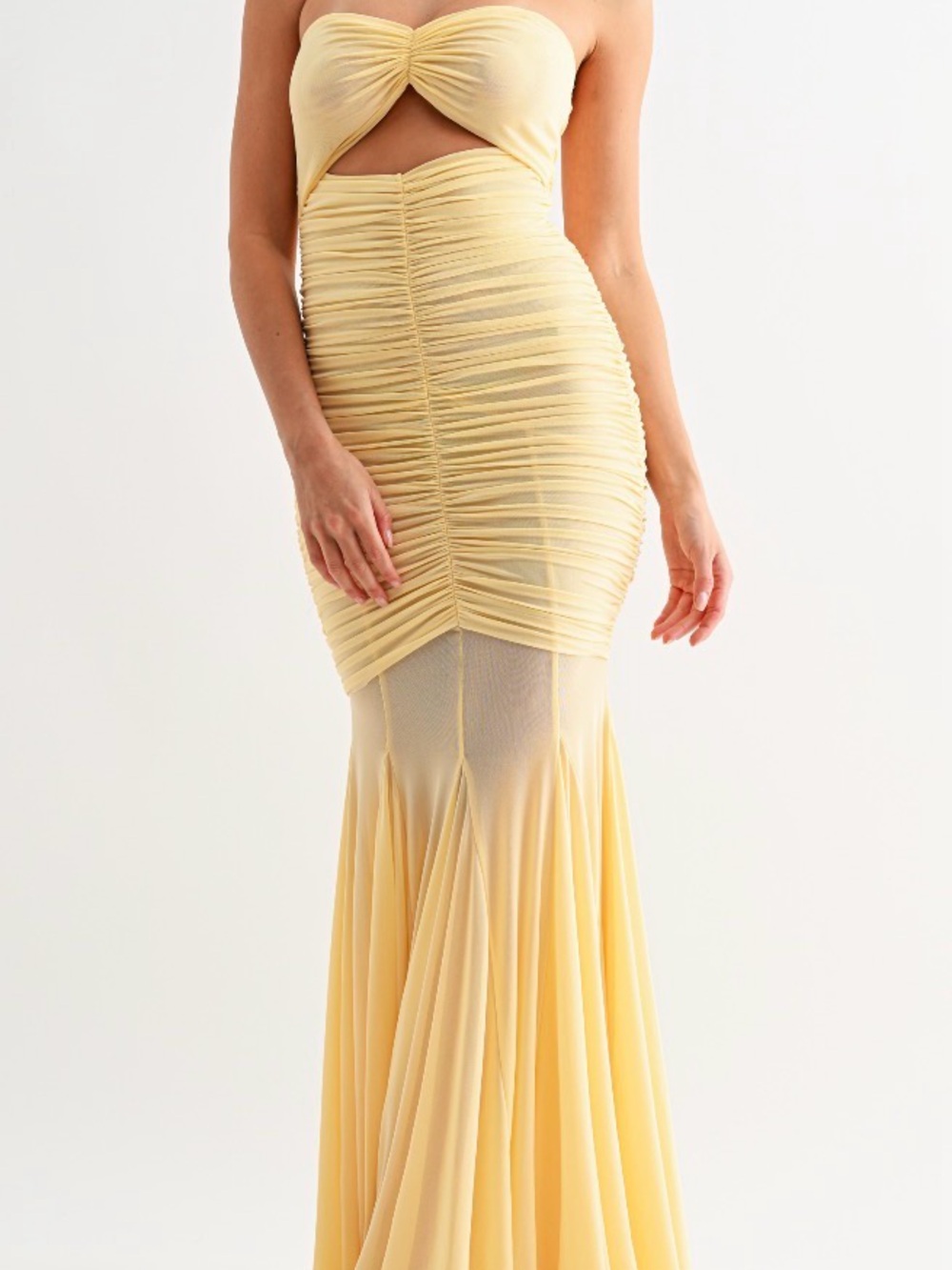 Yellow Ruched Mermaid Maxi Skirt with Flared Hem